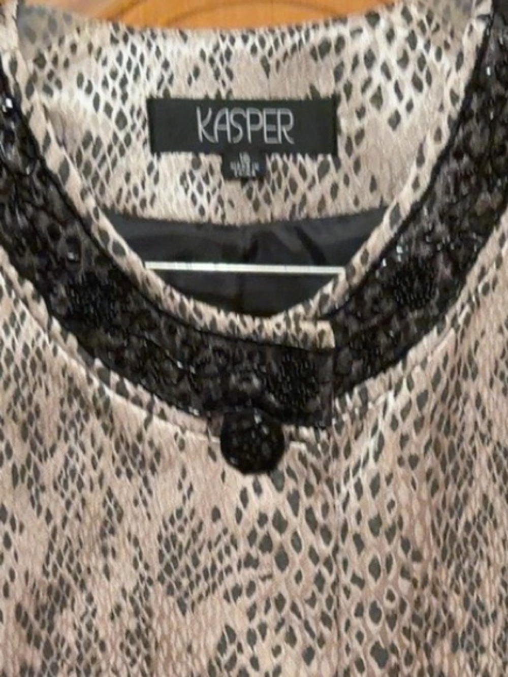 Kasper Beige Snake-Print Top with Black Beaded Neckline
